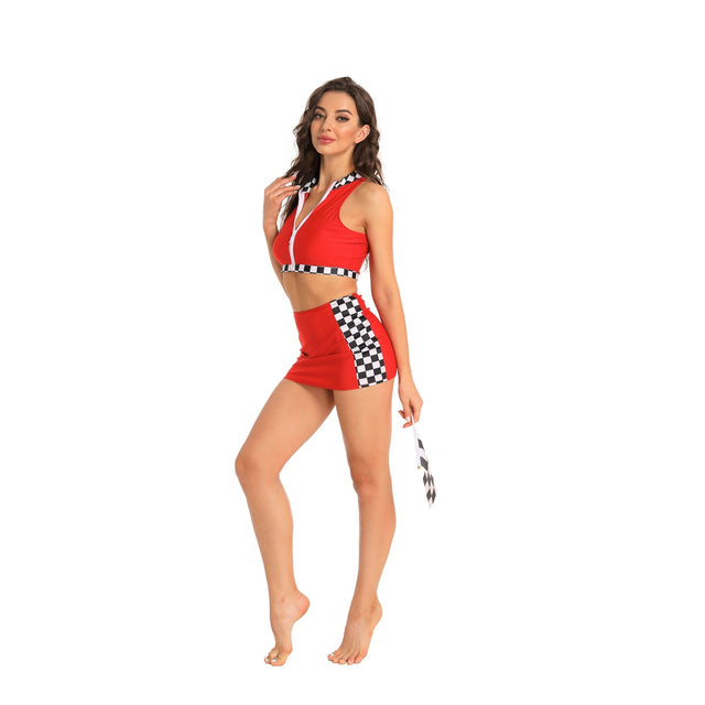 Sexy Race Girl Costume for Women,Racing car driver Suit for Adult,Halloween Dress with Sleeveless Crop Top Mini Skirt