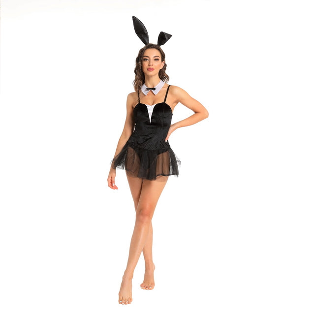 Sexy Bunny Costume for Women,Naughty Rabbit Cosplay Set for Girl,Black Haute Hare Roleplay with Ears Tail