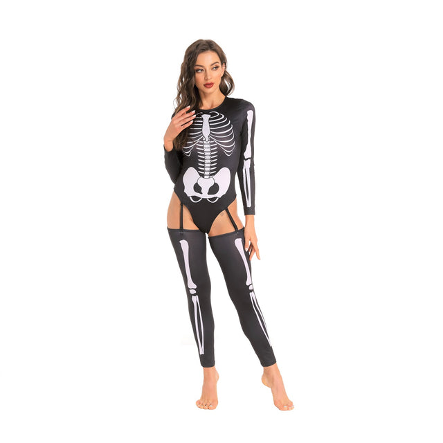 Halloween Skeleton Costume for Women,Long Sleeves Bone Print Bodysuit,Sexy Skull Cosplay with Legwarmers