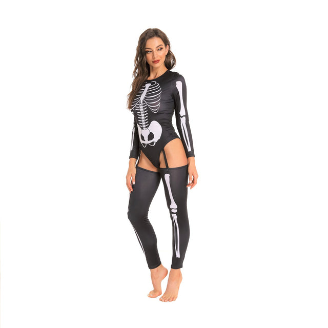 Halloween Skeleton Costume for Women,Long Sleeves Bone Print Bodysuit,Sexy Skull Cosplay with Legwarmers