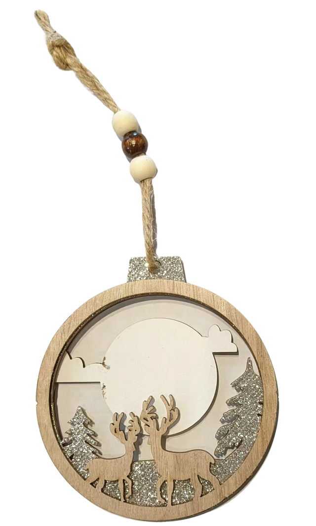 Buy 1 Get 5 Free Carved Wooden Reindeer Ornament, Christmas Tree Hanging Decoration with Glitter, Holiday Handcraft Ornament