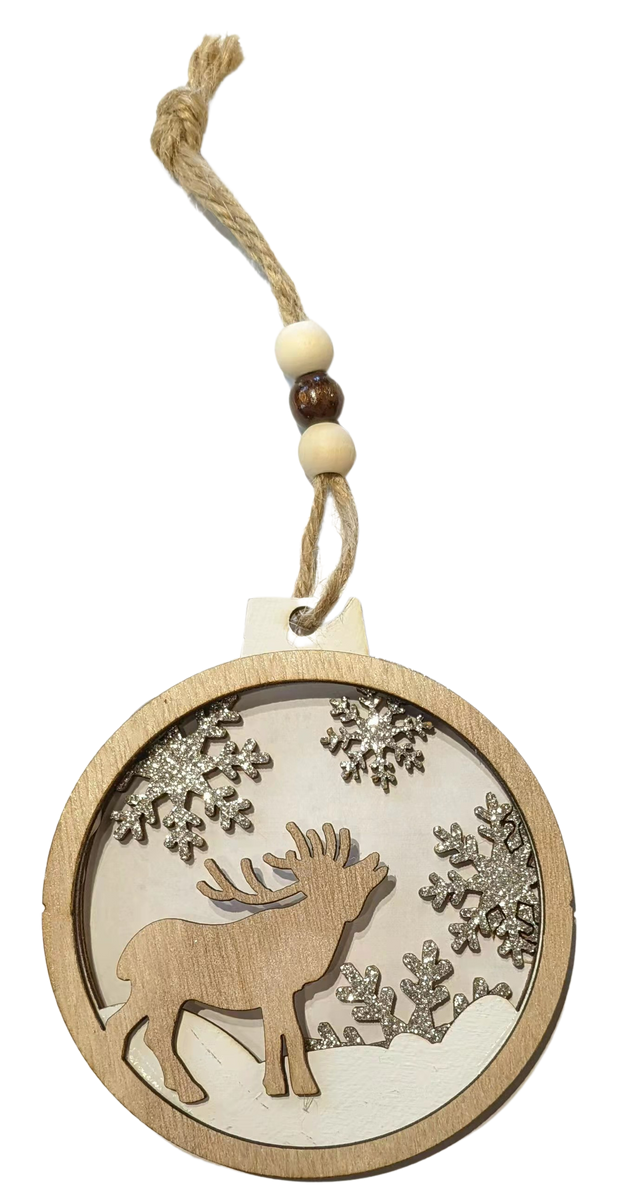 Buy 1 Get 5 Free Carved Wooden Reindeer Ornament, Christmas Tree Hanging Decoration with Glitter, Holiday Handcraft Ornament