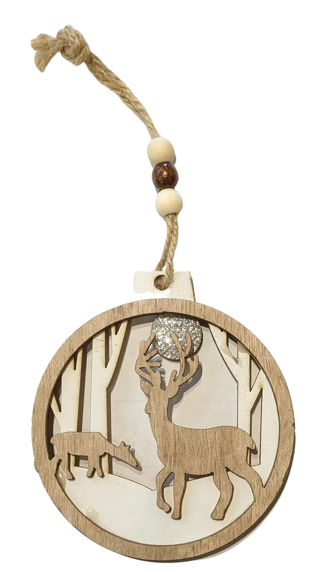 Buy 1 Get 5 Free Carved Wooden Reindeer Ornament, Christmas Tree Hanging Decoration with Glitter, Holiday Handcraft Ornament