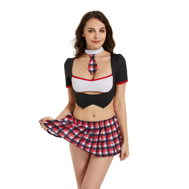 Sexy Schoolgirl Costume for Women,Hottie Student Roleplay Set,Naughty Lingerie with Plaid Skirt White Crop Top Tie
