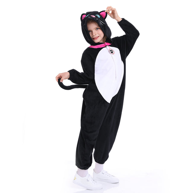 Animals Kitty Cosplay Costume Unisex kids, Plush Black Cat Jumpsuit Pajamas Child for Halloween Christmas Party