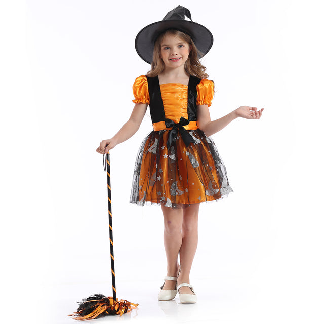 Halloween Star Moon Witch Costume,Fancy Party Dress Kids, Fairytale Storybook Pumpkin Cosplay Outfit，Orange Wizard Set Girl