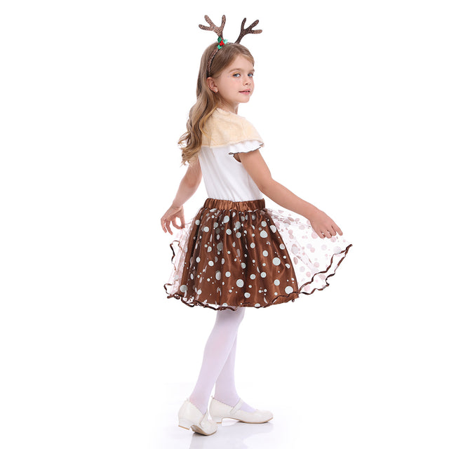 Reindeer TuTu Dress Girls with Antlers Headband for Christmas Cosplay Party，Animals Brown Deer Costume with Horn Girl