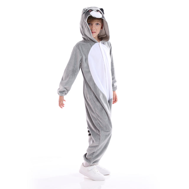 Unisex Halloween Sweet Raccoon Cosplay Costume Kids，Children Animal One-piece Pyjamas with Tail，Christmas Party Dress Up，Grey