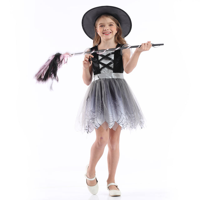 Halloween Spider Witch Costume With Hat Girls，Fancy Party Princess Dress Girl, Grey Spider Cosplay Outfit Kids