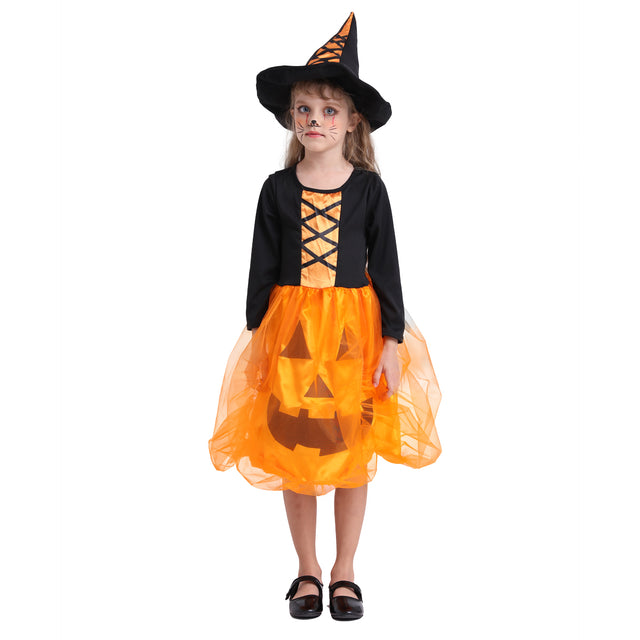 Halloween Light Up Pumpkin Witch Dress Girls，Cosplay Party Pumpkin Witch Costume with Hat for Kids，Orange Witch Outfit