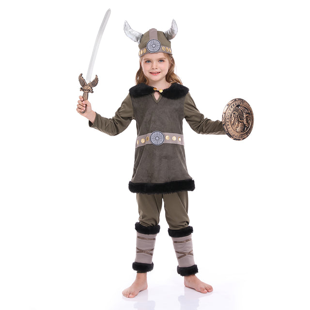 Unisex Vikings Warrior Costume for Kid, Scandinavian Pirate Outfit, Old Norse Raider Cosplay