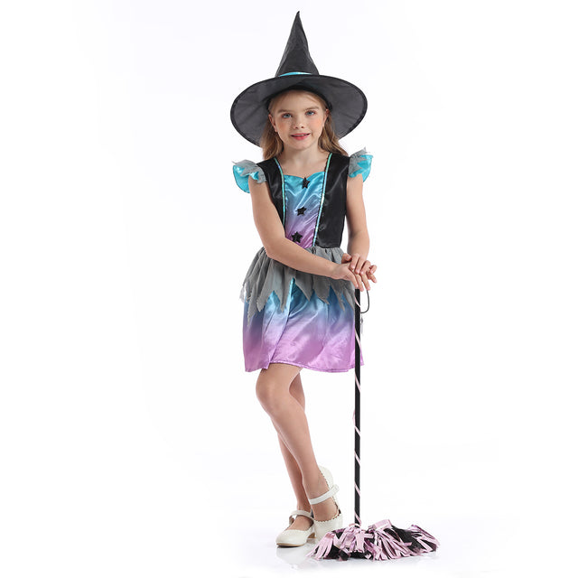 Halloween Star Witch Costume with Hat Girls,Fancy Party Dress Kids, Storybook Cosplay Outfit, Gradient Wizard Set Girl