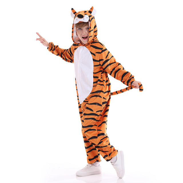 Tiger Hooded Costume for Unisex Kids, Halloween Animals Cosplay Jumpsuit Pajamas, Plush Autumn Winter Yellow Sleepwear
