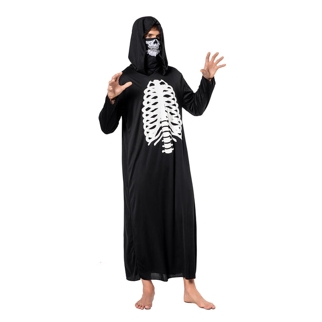 Ghost Face Gown Costume Adult，Halloween Skeleton Bone Costume，Creepy Qhantom Dress Up Unisex，Scary Costume with Mask，Black
