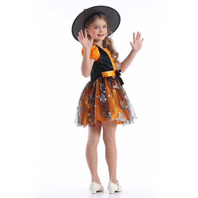 Halloween Star Moon Witch Costume,Fancy Party Dress Kids, Fairytale Storybook Pumpkin Cosplay Outfit，Orange Wizard Set Girl