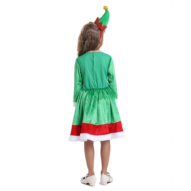 Santa Elf Costume with Hat Headband Girls for Christmas, Green Santa Elf Dress Kids for Cosplay Party