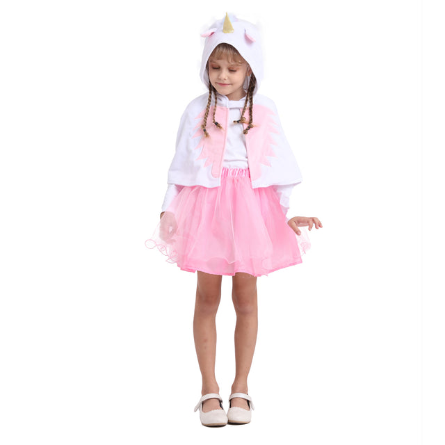Unicorn Hooded Cape Costume with Dress Girls，Rainbow Unicorn Princess Cloak Dresses for Birthday Party Kids，White