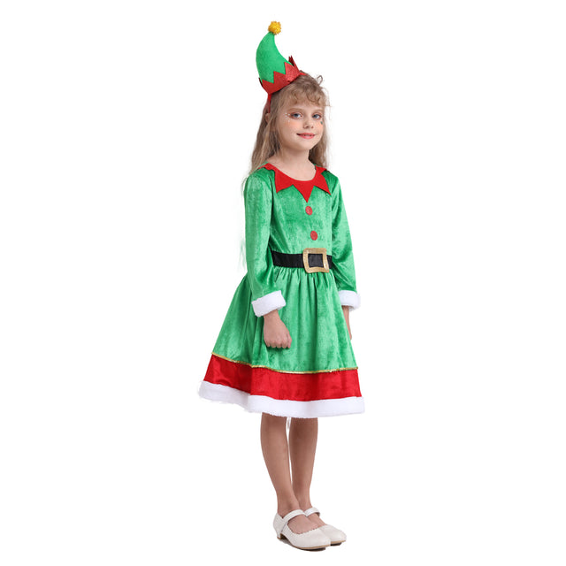 Santa Elf Costume with Hat Headband Girls for Christmas, Green Santa Elf Dress Kids for Cosplay Party