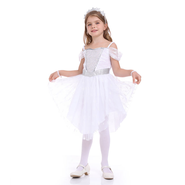 Party Wedding Dress Girls， Flower Princess Dresses Kids，Flutter Sleevel Dance Costume，Formal Outfit，White