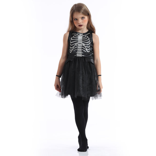Halloween Skeleton Costume Kids, Bat Dress with Wings Girls，Cosplay Party Carnival Black Set for Children