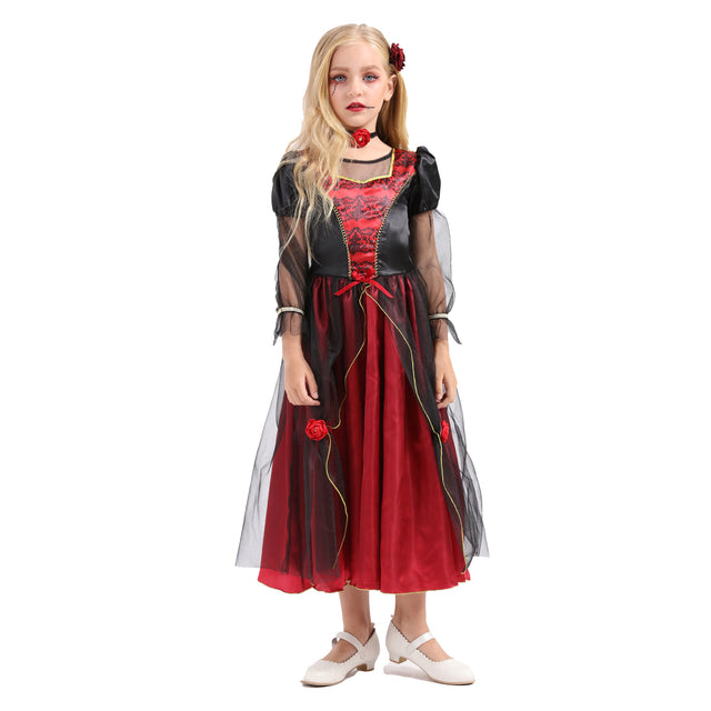 Halloween Royal Vampire Costume Girls，Deluxe Gothic Vampire's Outfit Kids，Victorian Queen Dress Girl with Accessories