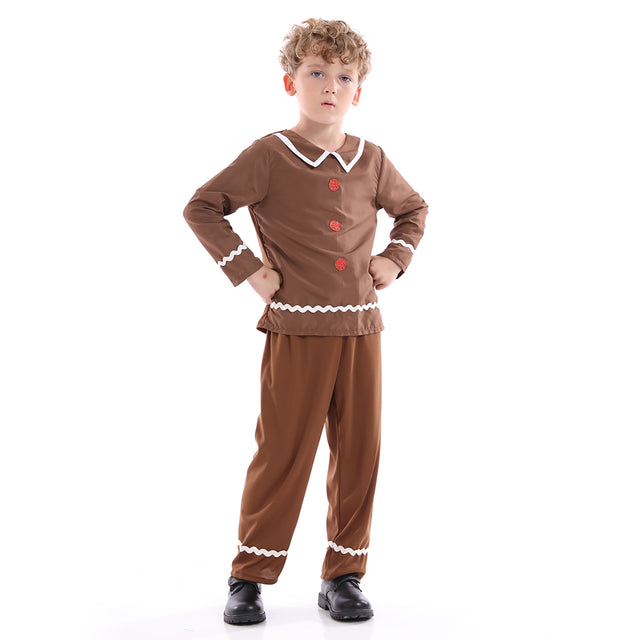 Gingerbread Man Costume Kids for Christmas, Brown Gingerbread Elves Split Suit Boys for Halloween Cosplay Party