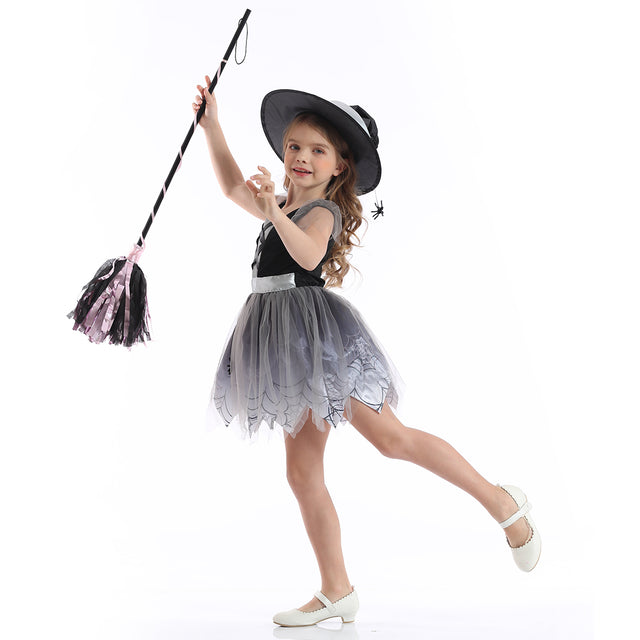 Halloween Spider Witch Costume With Hat Girls，Fancy Party Princess Dress Girl, Grey Spider Cosplay Outfit Kids