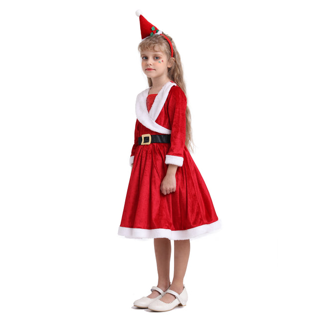 Christmas Santa Dress Girls for Cosplay Party，Red Classic Sweetie Santa Costume with Hat Headband