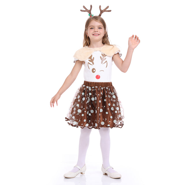 Reindeer TuTu Dress Girls with Antlers Headband for Christmas Cosplay Party，Animals Brown Deer Costume with Horn Girl