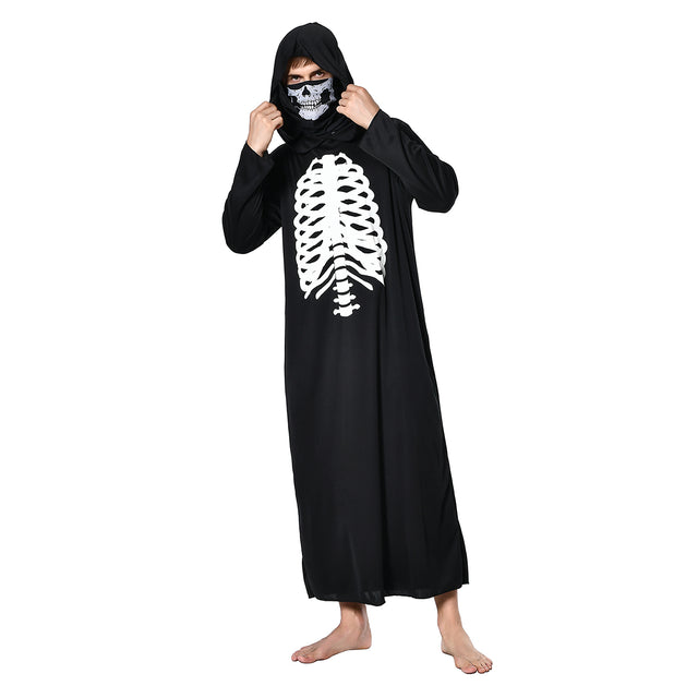 Ghost Face Gown Costume Adult，Halloween Skeleton Bone Costume，Creepy Qhantom Dress Up Unisex，Scary Costume with Mask，Black