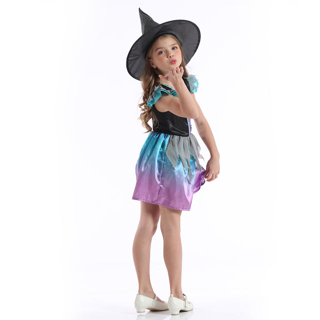 Halloween Star Witch Costume with Hat Girls,Fancy Party Dress Kids, Storybook Cosplay Outfit, Gradient Wizard Set Girl