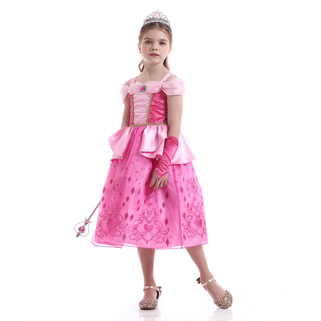 Pink Princess Dress Girls With Accessories, Wedding Party Bridesmaid Off Shoulder Costume Girl, Halloween Long Dress Kids