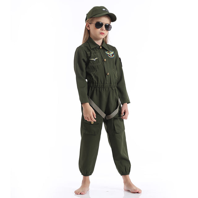 Air force Fighter Costume Boys，Pilot Suit For Kids，Roleplay Dress Up Set For Childrens，Army Green