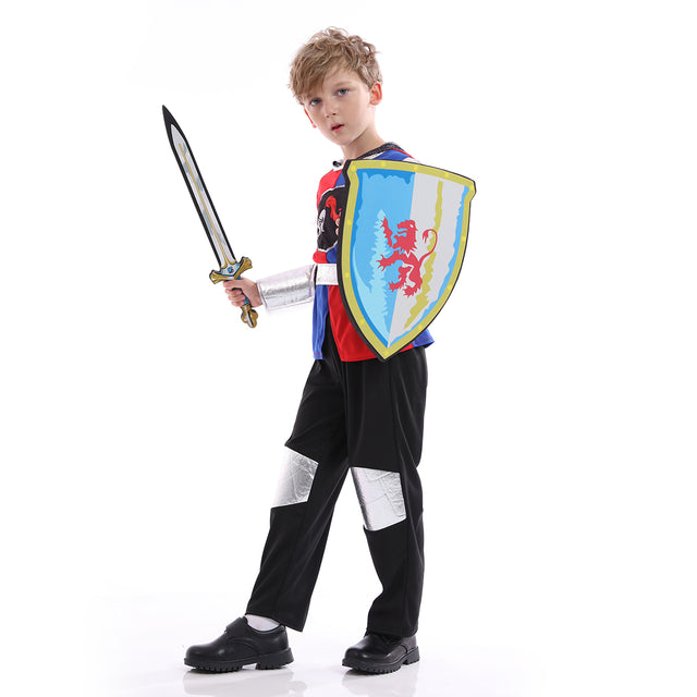 Gallant Knight Costume Kids，Valiant Dragon Slayer Outfit Boys，Knight Cosplay Dress Up For Child，Blue Red