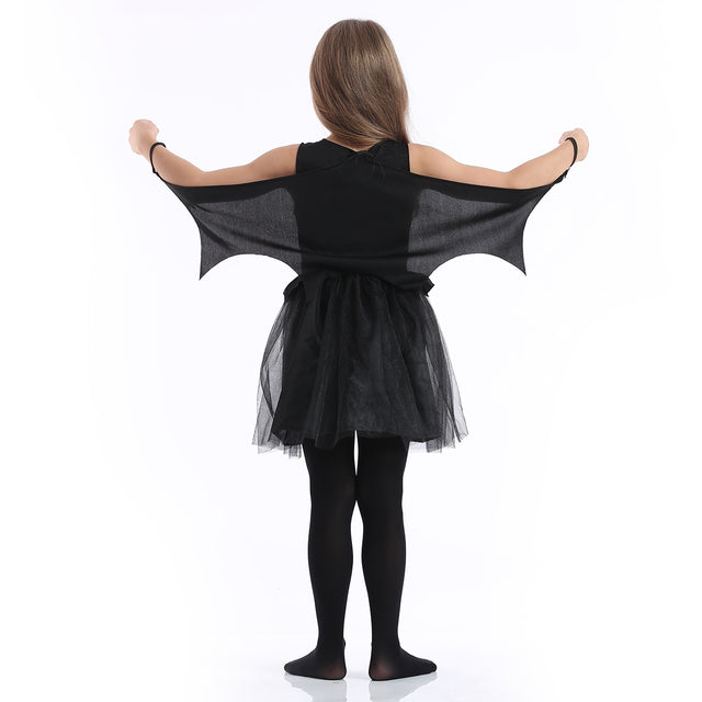 Halloween Skeleton Costume Kids, Bat Dress with Wings Girls，Cosplay Party Carnival Black Set for Children