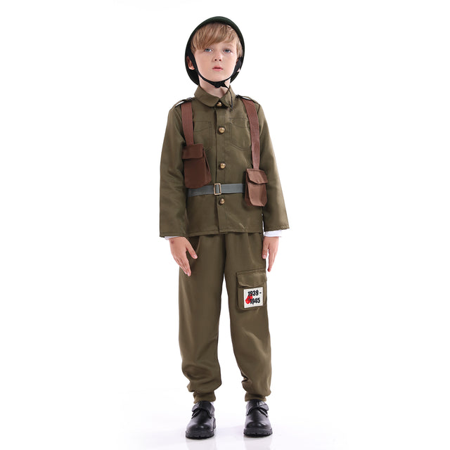 Army Soldier Costume Kids,Unisex WWII Soldier Dress Up with Hat,Halloween Cosplay Outfit，Khaki