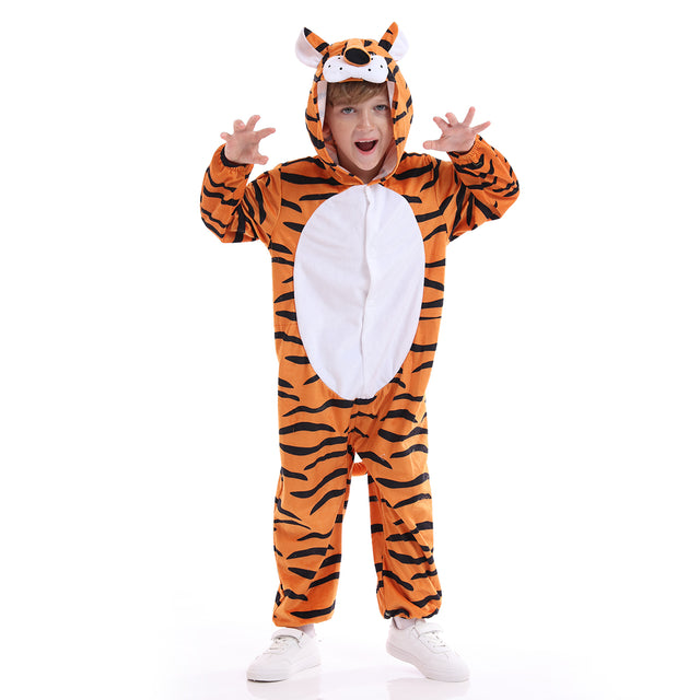 Tiger Hooded Costume for Unisex Kids, Halloween Animals Cosplay Jumpsuit Pajamas, Plush Autumn Winter Yellow Sleepwear