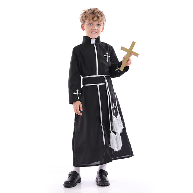Priest Costume Kids for Halloween Party, Biblical Outfit with Belt Boys，Child’s Bible Dress Up, Clergyman Minister Set Boy