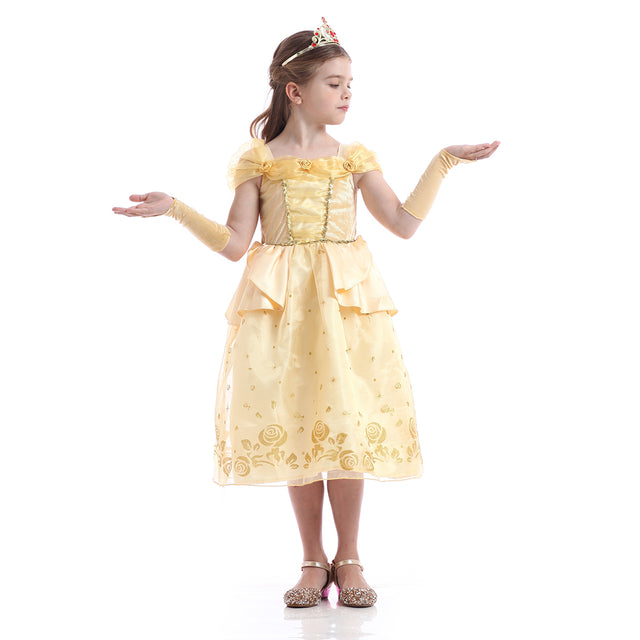 Yellow Princess Dress Girls With Accessories, Wedding Party Bridesmaid Off Shoulder Costume Girl, Halloween Long Dress Kids