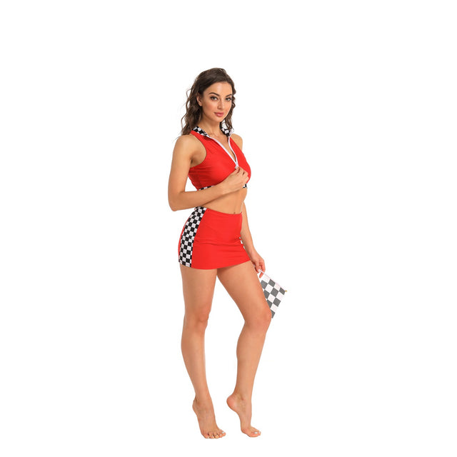Sexy Race Girl Costume for Women,Racing car driver Suit for Adult,Halloween Dress with Sleeveless Crop Top Mini Skirt