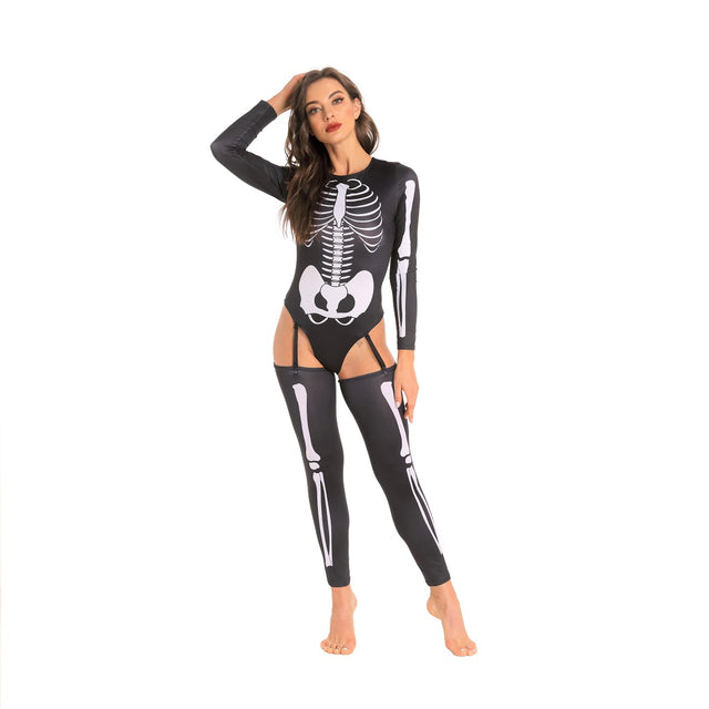 Halloween Skeleton Costume for Women,Long Sleeves Bone Print Bodysuit,Sexy Skull Cosplay with Legwarmers