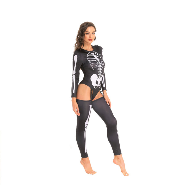 Halloween Skeleton Costume for Women,Long Sleeves Bone Print Bodysuit,Sexy Skull Cosplay with Legwarmers