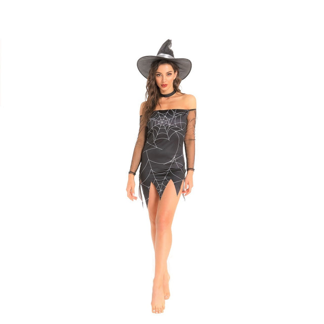 Halloween Spider Witch Costume for Women,Black Casual Spider Web Dress,Long Sleeve Offshoulder Bodysuit with Hat Choker