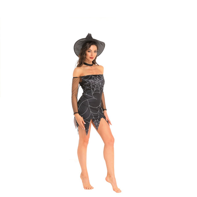 Halloween Spider Witch Costume for Women,Black Casual Spider Web Dress,Long Sleeve Offshoulder Bodysuit with Hat Choker