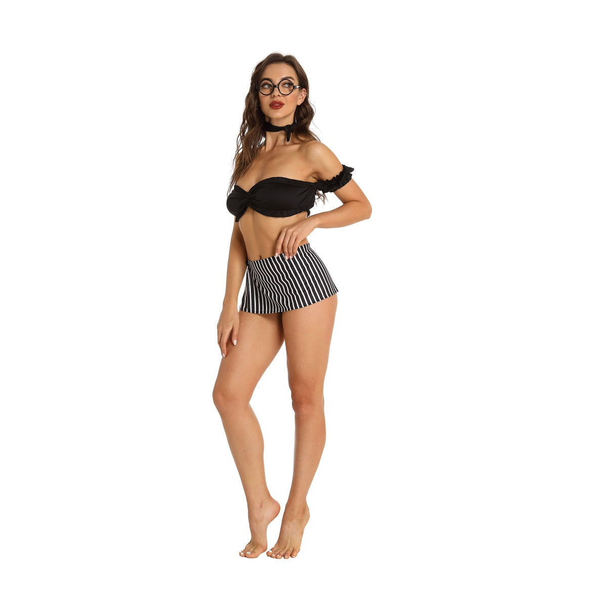 Sexy Teacher Costume for Women Hottie Schoolteacher Roleplay Set Naughty Lingerie with Striped Skirt Off Shoulder Crop Top