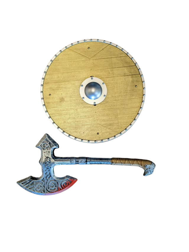 Viking Round Shield & Axe Costume for kids, Medieval Berserker Warrior Weapons Toys Set, Middle Age Battle Cosplay