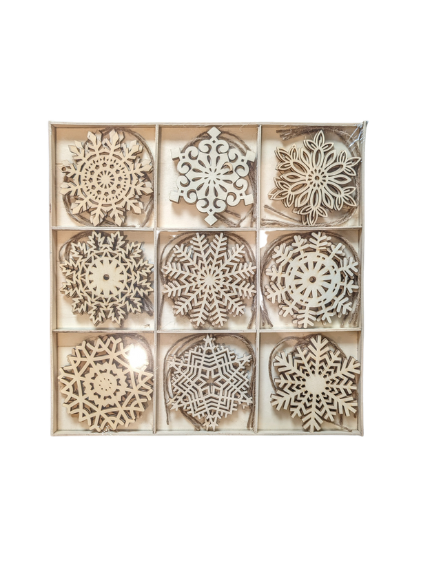 27 Pcs Christmas Wooden Snowflake Ornament, 4 inches Unfinished DIY Snowflake, 9 Radom Styles Handcraft Decoration
